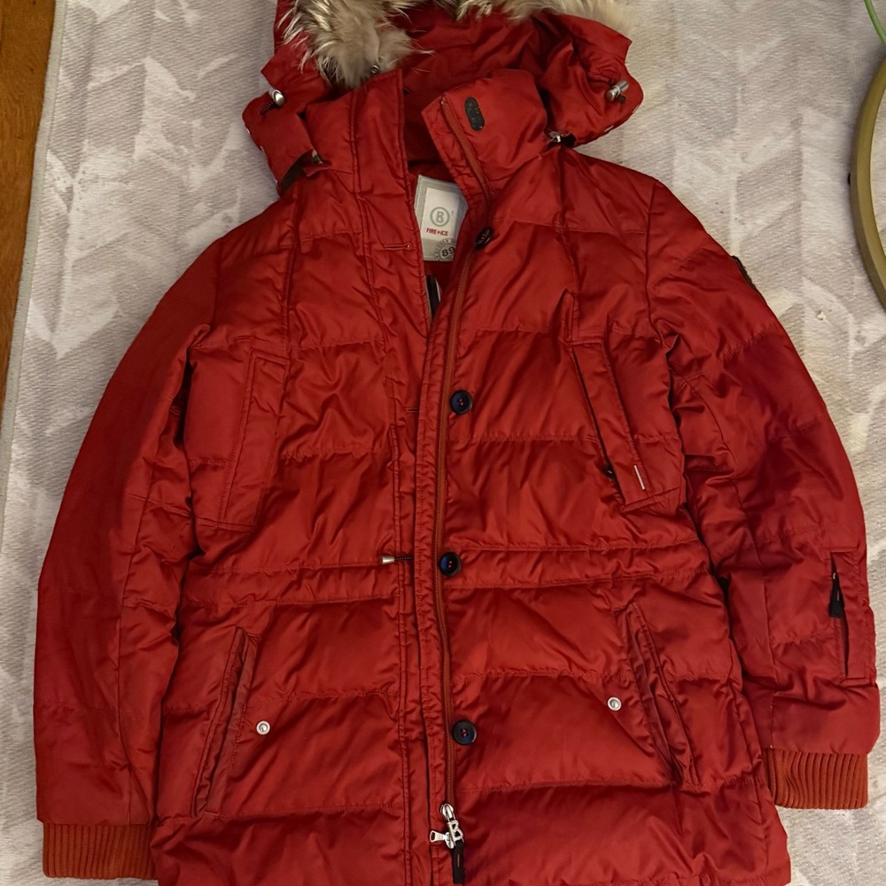 Bogner Fire + Ice Red Hooded Puffer Jacket with Fur Trim